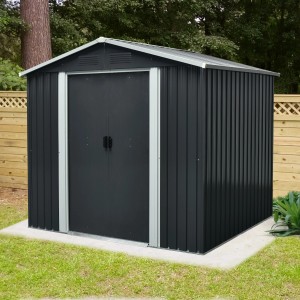 Pergart Metall-Gerätehaus Düsseldorf, grau-creme, 3,66 m² im Garten.