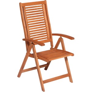 Brauner Gartensessel Cordoba aus geöltem Eukalyptusholz mit verstellbarer Rückenlehne.