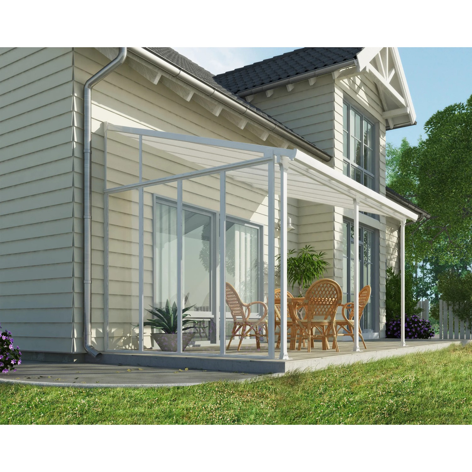 Palram Canopia Seitenwand 3 m, weiße Terrassenüberdachung mit transparenter Polycarbonatplatte.