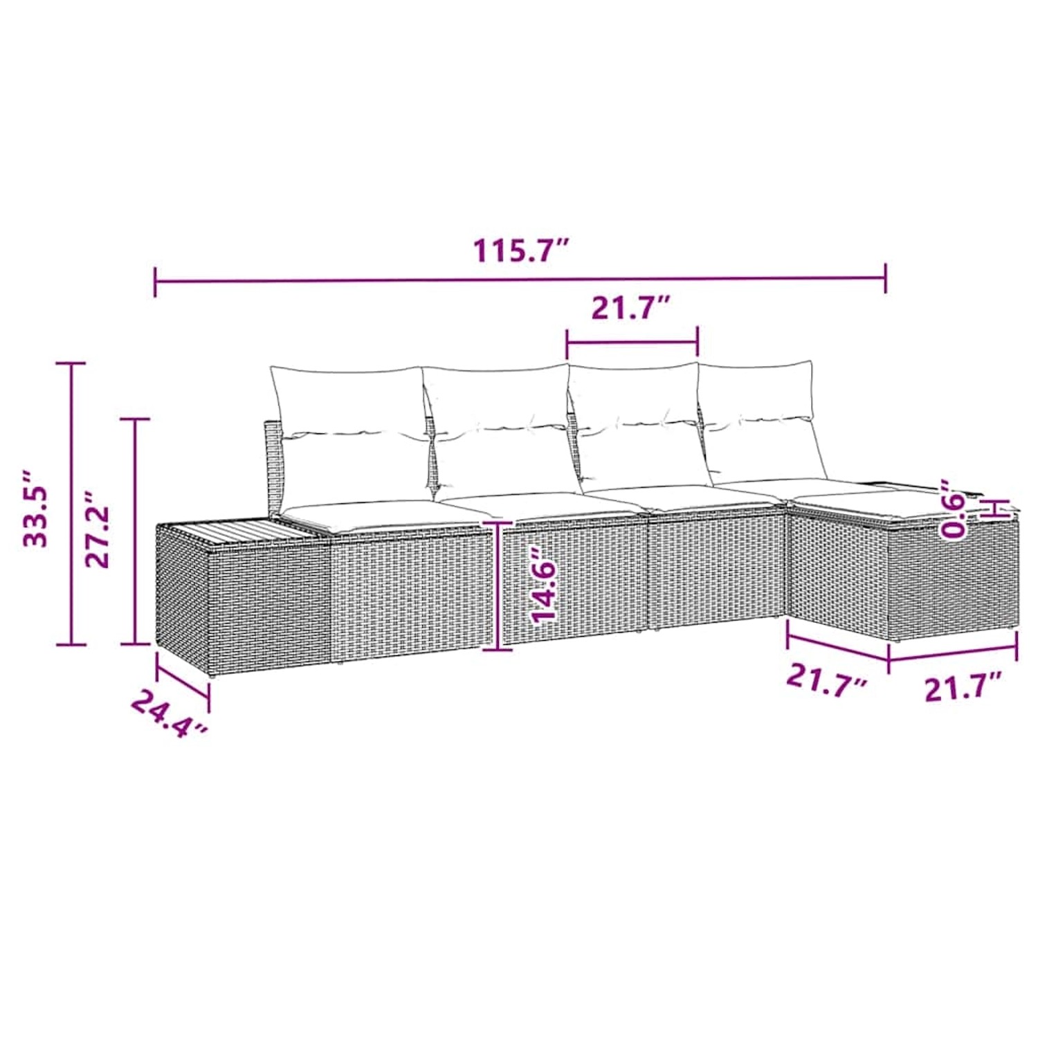 vidaXL Garten-Sofa-Set, 5-teilig, schwarz, Poly Rattan, mit Maßangaben.