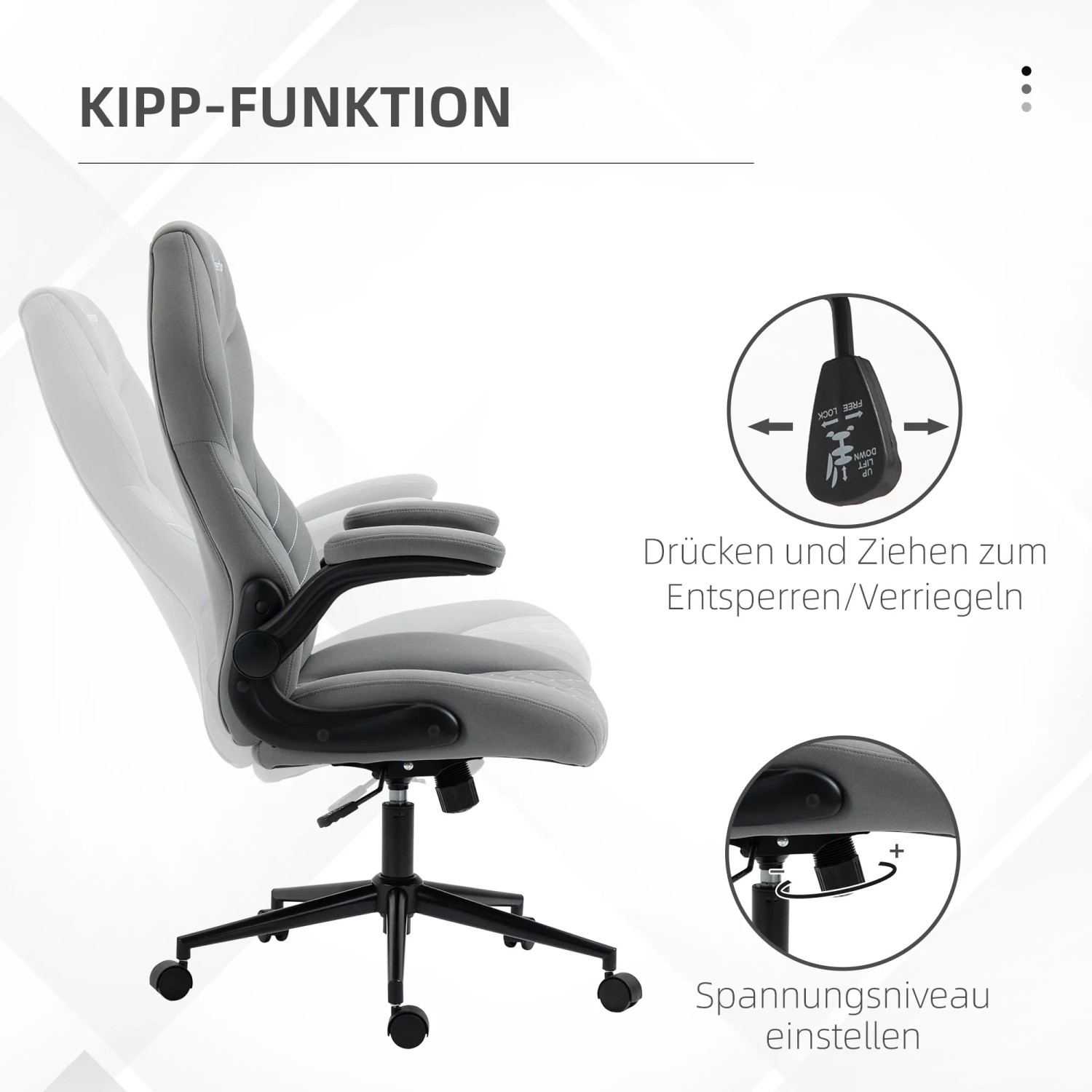 Grauer Vinsetto Bürostuhl mit Wippfunktion und verstellbaren Armlehnen, seitliche Ansicht.