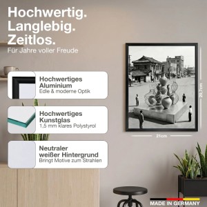 Schwarzer K-Möbel Aluminium Bilderrahmen DIN A4 (21x29,7cm) mit Antireflex-Kunstglas, modern, Made in Germany.