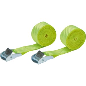 Zwei gelbe Spanngurte mit Klemmverschluss, aufgerollt. Ideal für Reise & Transport.