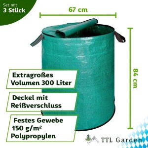 Grüner TTL GARDEN Gartensack, 300 L, mit Reißverschluss-Deckel und selbststehend. 3er Set für Laub und Grünschnitt.