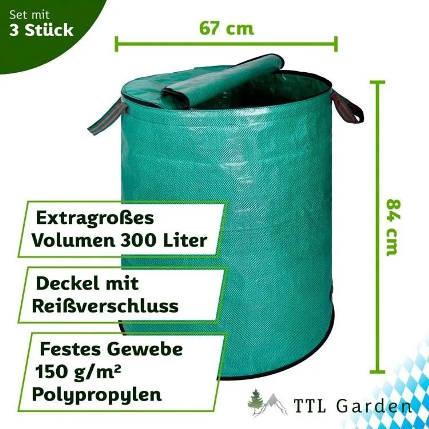 Grüner TTL GARDEN Gartensack, 300 L, mit Reißverschluss-Deckel und selbststehend. 3er Set für Laub und Grünschnitt.
