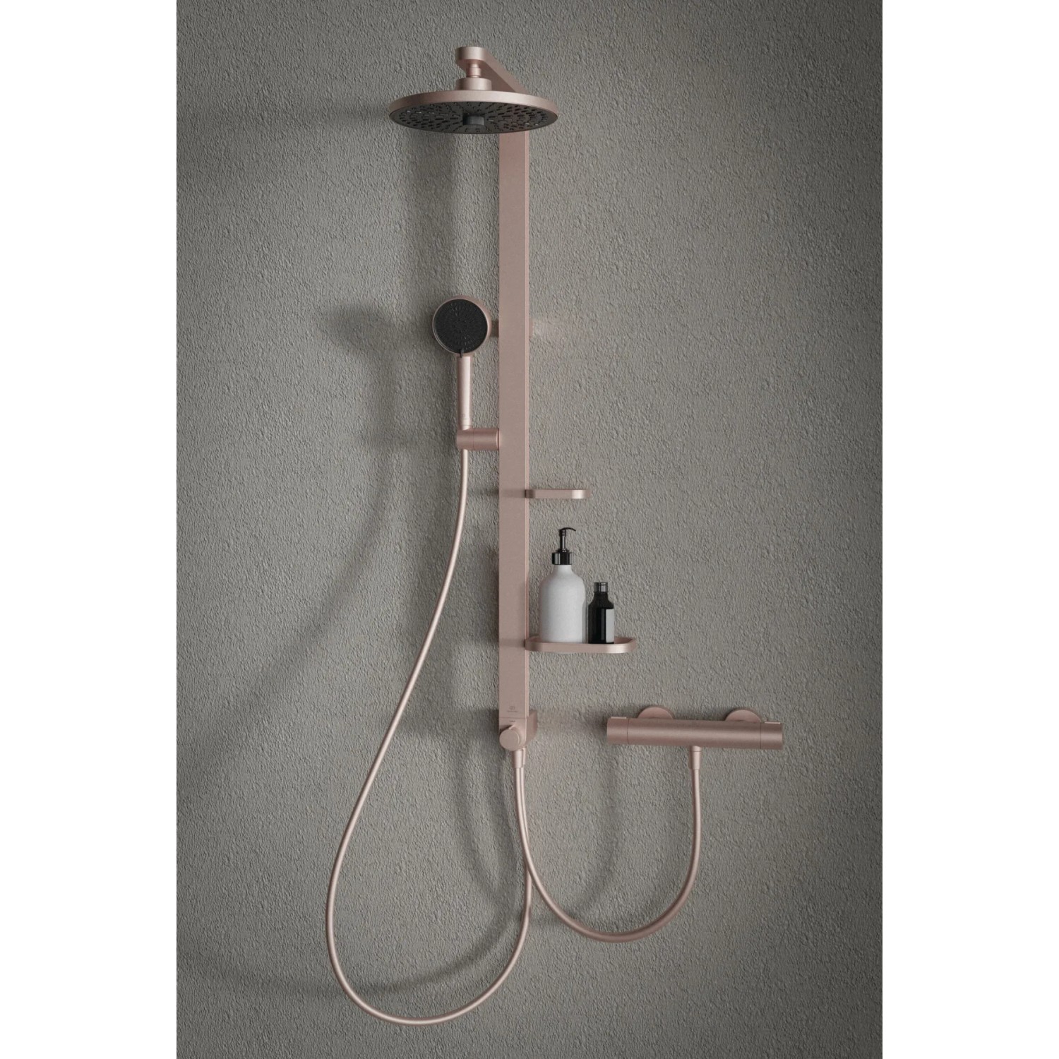 Ideal Standard Handbrause Rosé mit 2 Funktionen und Ablage für Shampoo.