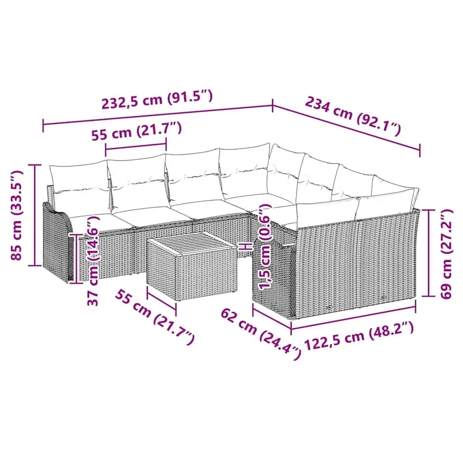 vidaXL Gartenmöbel-Set, 9-teilig, beige/weiß, mit Maßen. Ideal für Terrasse und Garten.