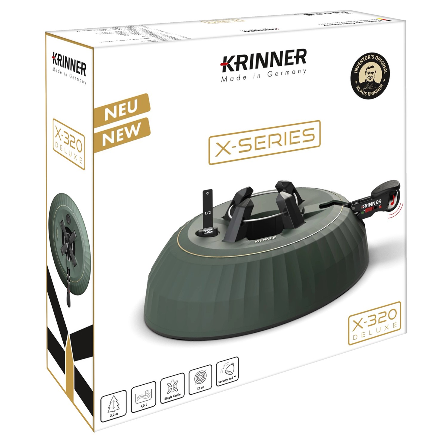 Krinner Christbaumständer X-320 Deluxe im Karton, olivgrün, mit Sicherheitsgurt und Wasserstandsanzeige.