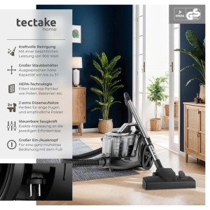 Tectake Staubsauger Vc900 900 W  Beutellos Für Hartböden und Teppich  43 x 27 x 117 cm Schwarz Grau