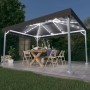Anthrazitfarbener vidaXL Pavillon 400x300 mit LED-Lichterkette und Esstisch im Garten.