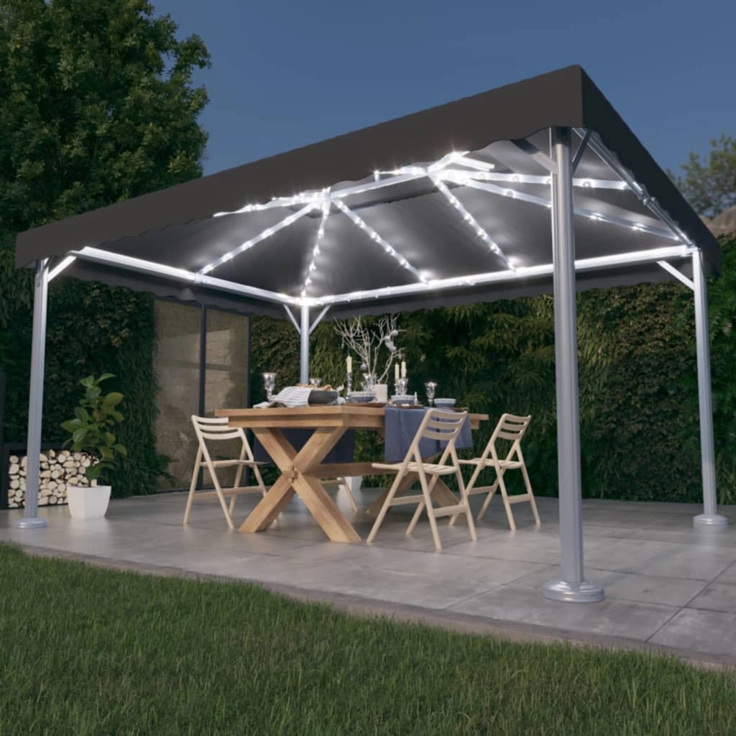Anthrazitfarbener vidaXL Pavillon 400x300 mit LED-Lichterkette und Esstisch im Garten.