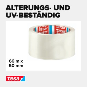 Transparentes tesa Paketband Solid & Strong, 66 m x 50 mm, alterungs- und UV-beständig.