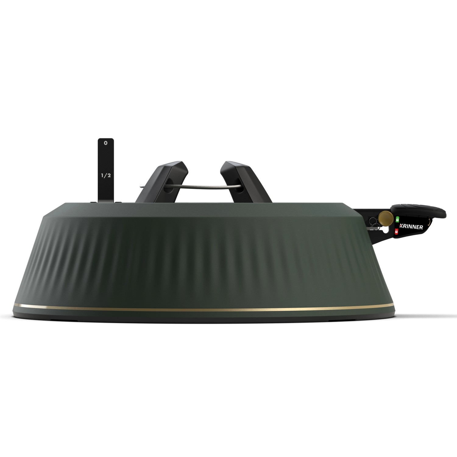 Krinner Christbaumständer X-260 in Grün mit goldenem Akzent und Wasserstandsanzeige.