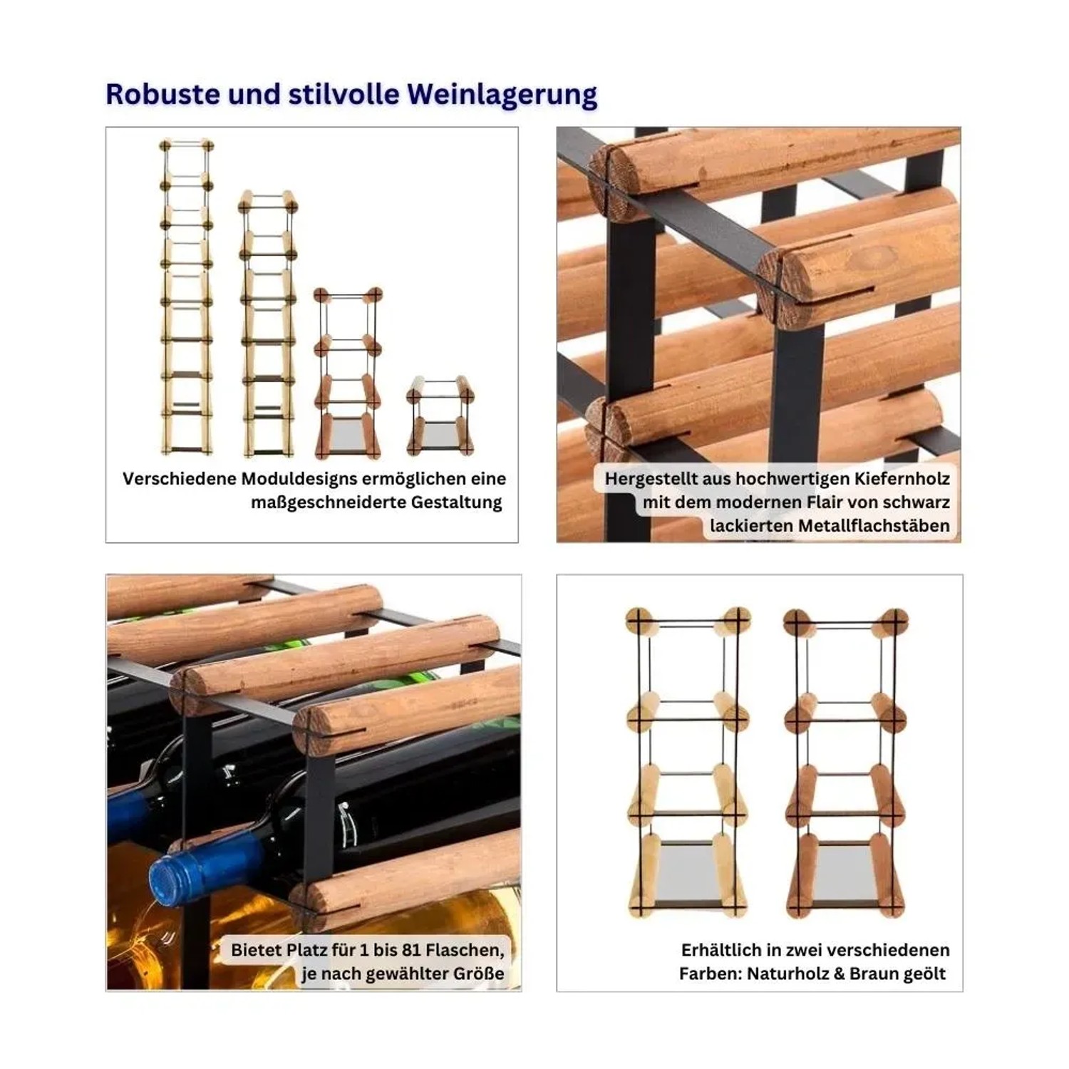 Modulares Weinregal aus Kiefernholz und Metall für 7 Flaschen. Flexibel erweiterbar.