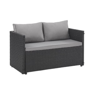 Schwarze Polyrattan Gartenbank mit grauen Kissen, Teil der Svita Athina Sitzgruppe für Outdoor & Balkon.