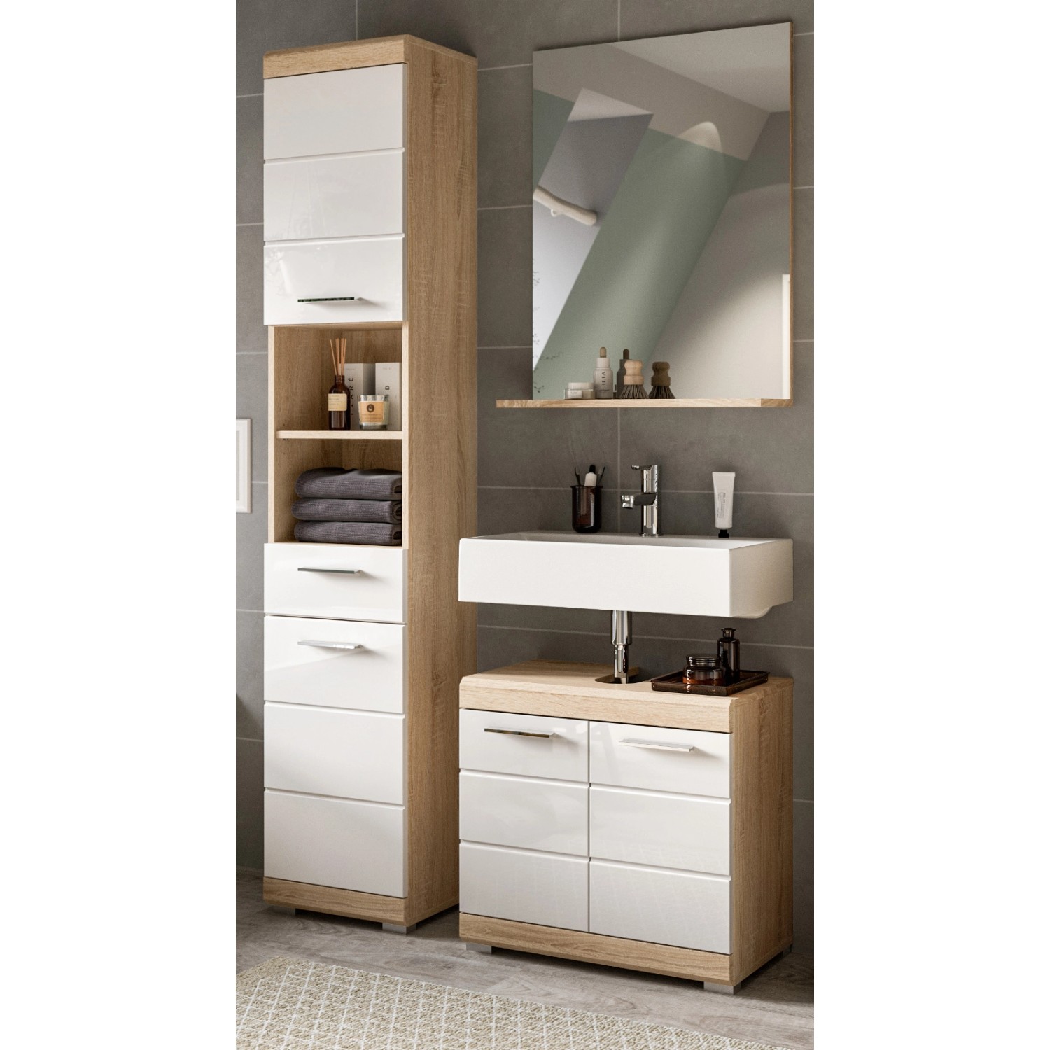 Inn.Furn Badmöbel Set 3-teilig in Weiß Hochglanz und Eiche 112 cm Mambo günstig online kaufen