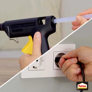 Pattex Heißklebepistole mit transparentem Heißkleber Stick und Einstecken in die Steckdose.