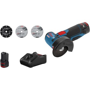 Bosch Professional Akku-Winkelschleifer GWS 12V-76 mit Akkus, Ladegerät und Trennscheiben im Set.