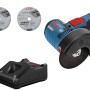 Bosch Professional Akku-Winkelschleifer GWS 12V-76 mit Akkus, Ladegerät und Trennscheiben im Set.