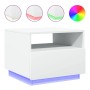 Weißer Couchtisch mit RGB-LED-Beleuchtung, offenem Fach und Schublade. Moderner Wohnzimmertisch.