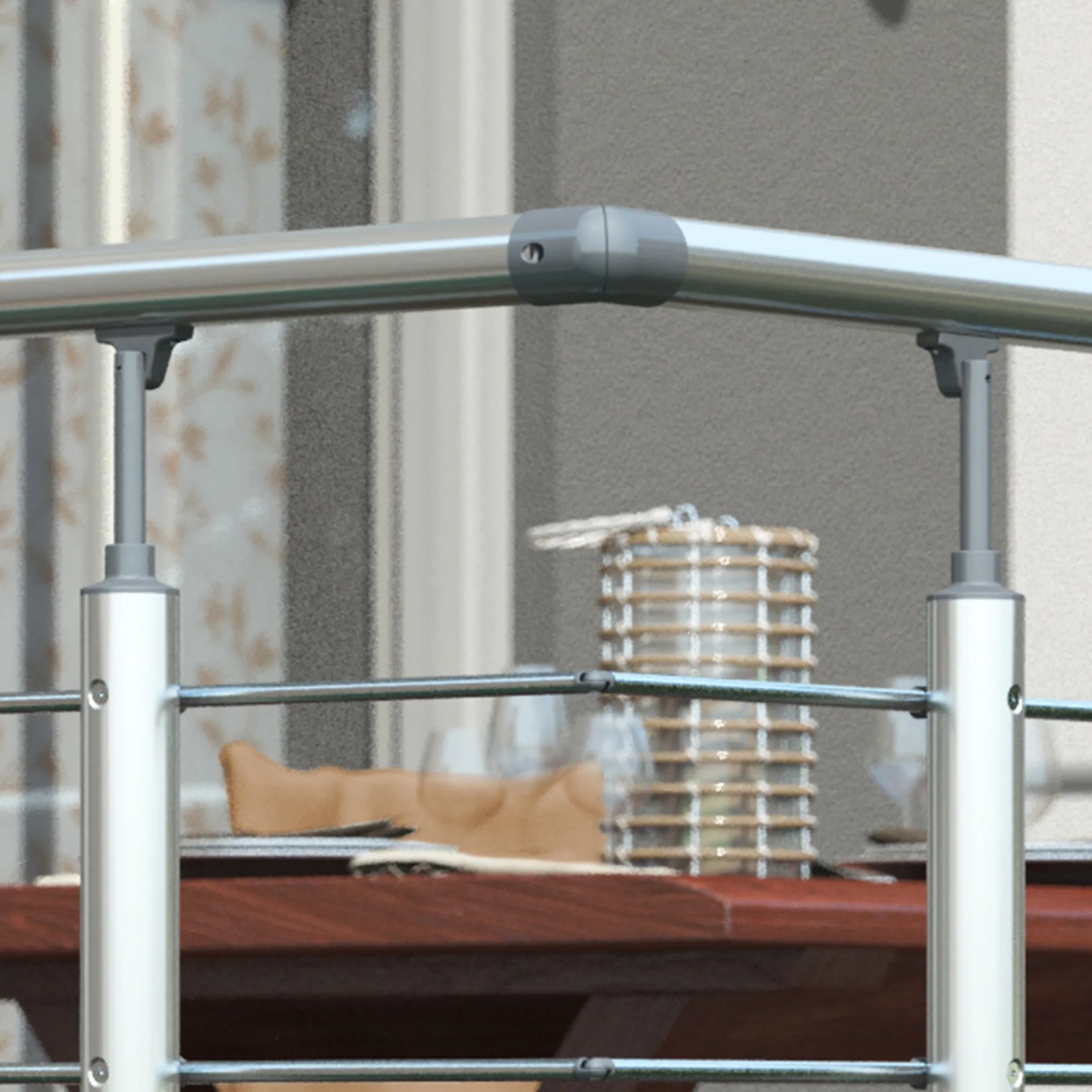 Dolle Geländer-Komplettset 150cm, Aluminium, Wandmontage. Detailaufnahme von Pfosten, Handlauf und Edelstahlstäben.