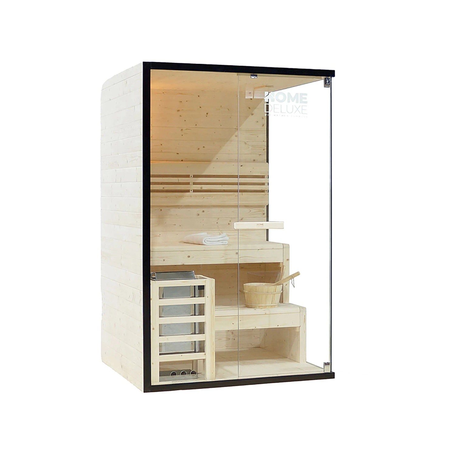 Home Deluxe Sauna SHADOW M für 2 Personen mit Panorama-Glasfront und Zubehör.