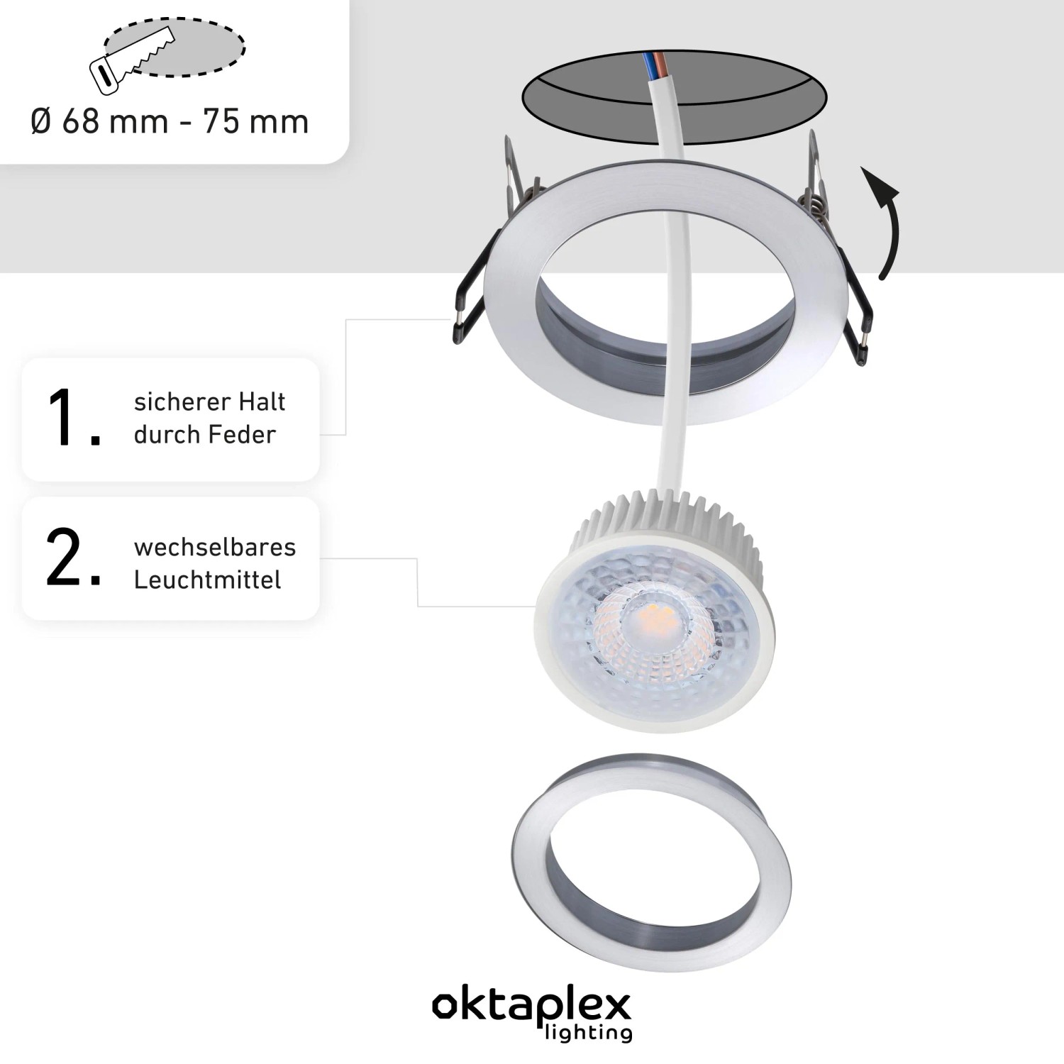 Oktaplex LED Einbauspot 3er Set Lyon, Aluminium, dimmbar, warmweiß (2700K), 4,9W. Deckenstrahler Details.