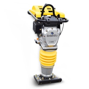 BAMATO Vibrationsstampfer V-90G: Silberner Stampfer mit gelben Elementen und Fahrwerk.