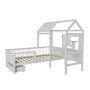 Weißes Juskys Kinderbett Yari (90x200 cm) mit integriertem Schreibtisch und Schublade.