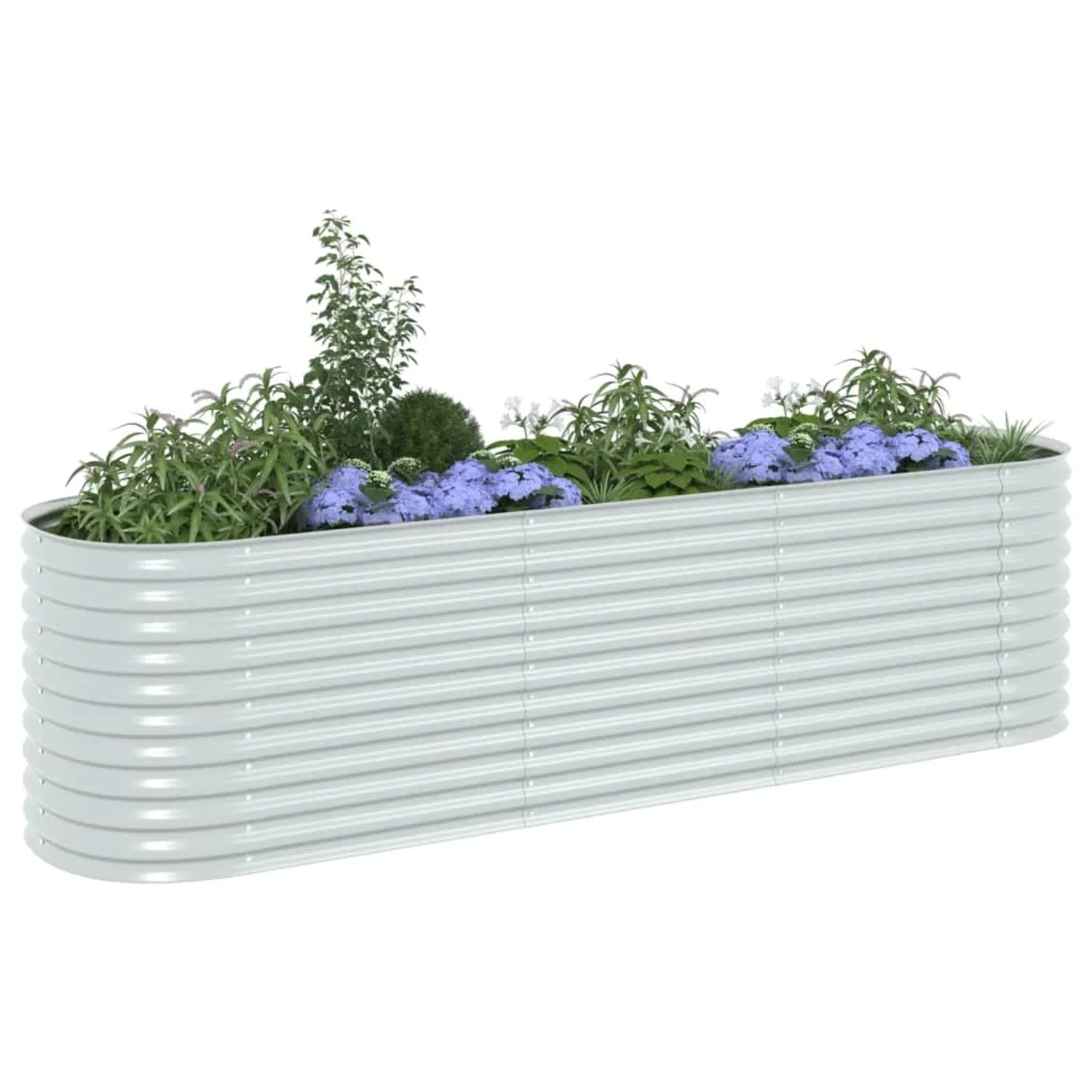 Silbernes furnicato Garten-Hochbeet aus verzinktem Stahl, bepflanzt mit Blumen und Kräutern.