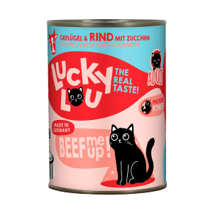 Dose Lucky Lou Katzen-Nassfutter Adult Geflügel & Rind, Alleinfutter für erwachsene Katzen.