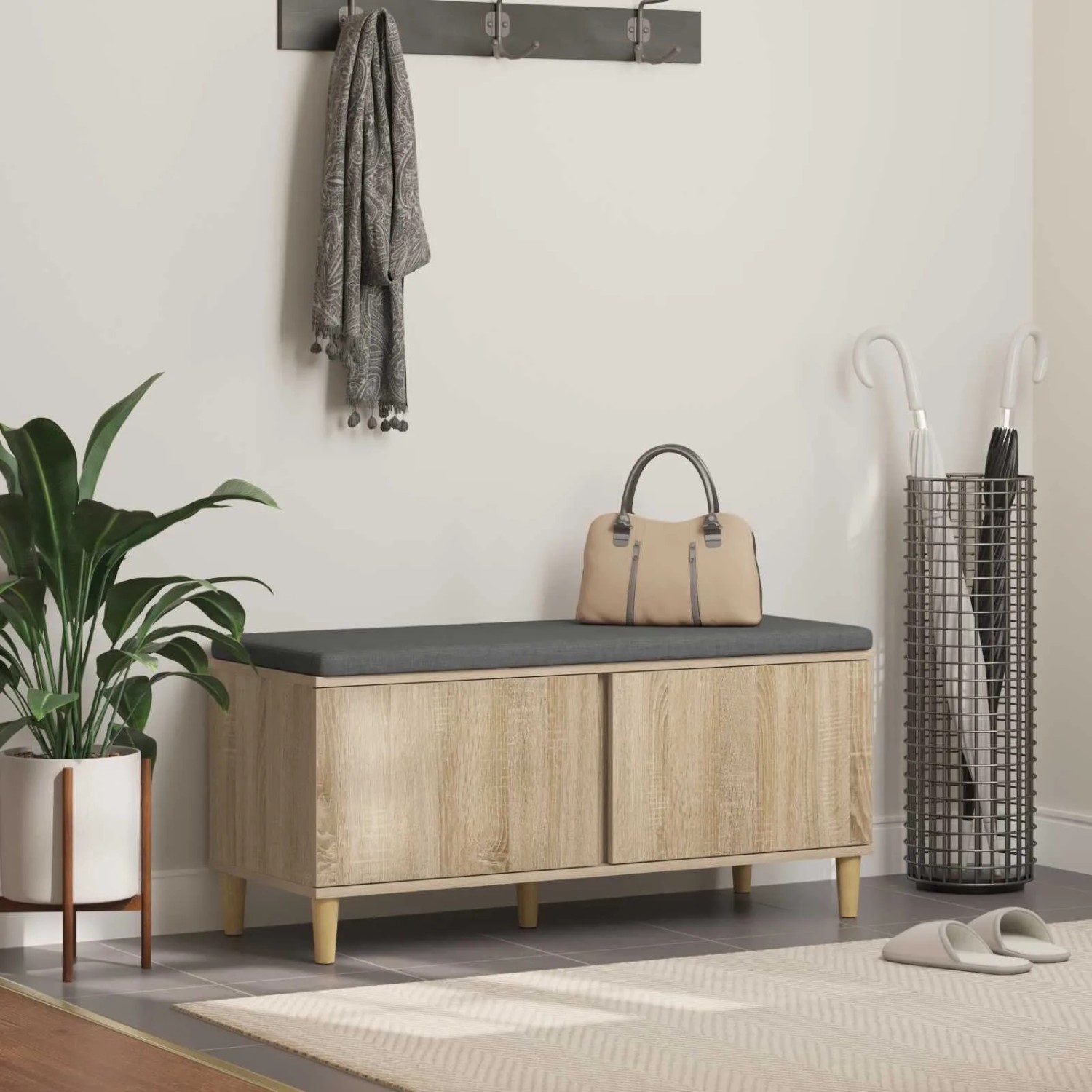 vidaXL Flurbank mit Kissen mit Speicher Sonoma-Eiche 100 x 38 x 46 cm 891538_2