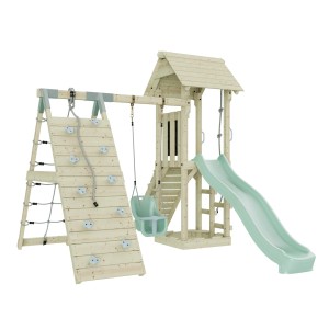 OutdoorToys Spielturm Trondheim mit Babyschaukel in Mintgrün, Kletterwand und Rutsche.