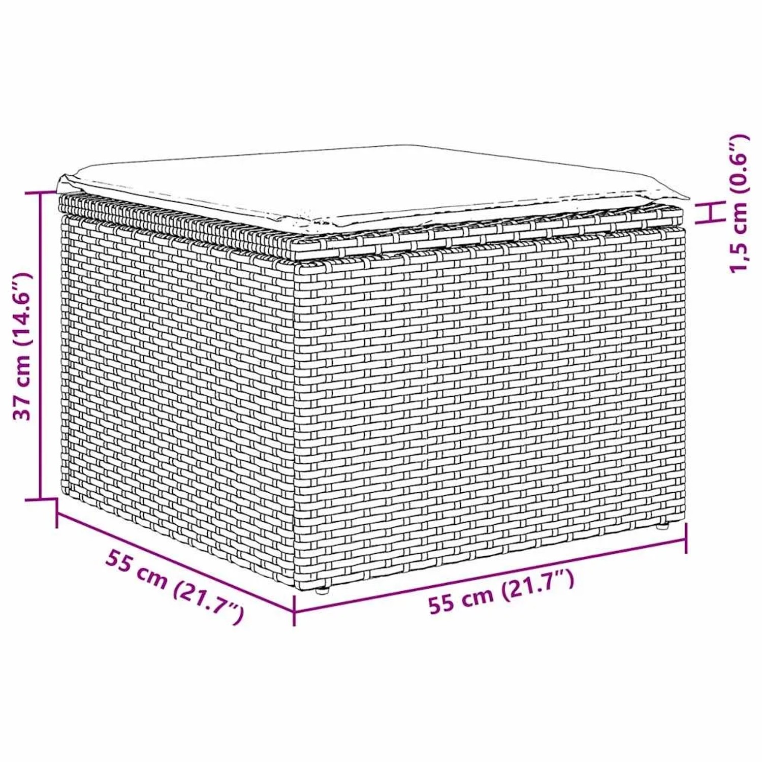 Skizze eines hellgrauen Gartenmöbel-Hockers aus Rattan mit Kissen, Teil eines vidaXL Sofa-Sets.