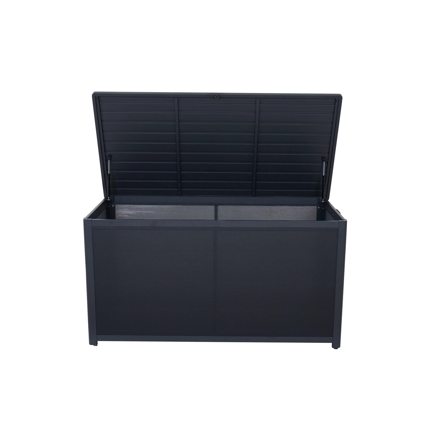 Offene, dunkelgraue Siena Garden Kissenbox Sabano (159x79x83cm) zur Aufbewahrung von Gartenkissen.