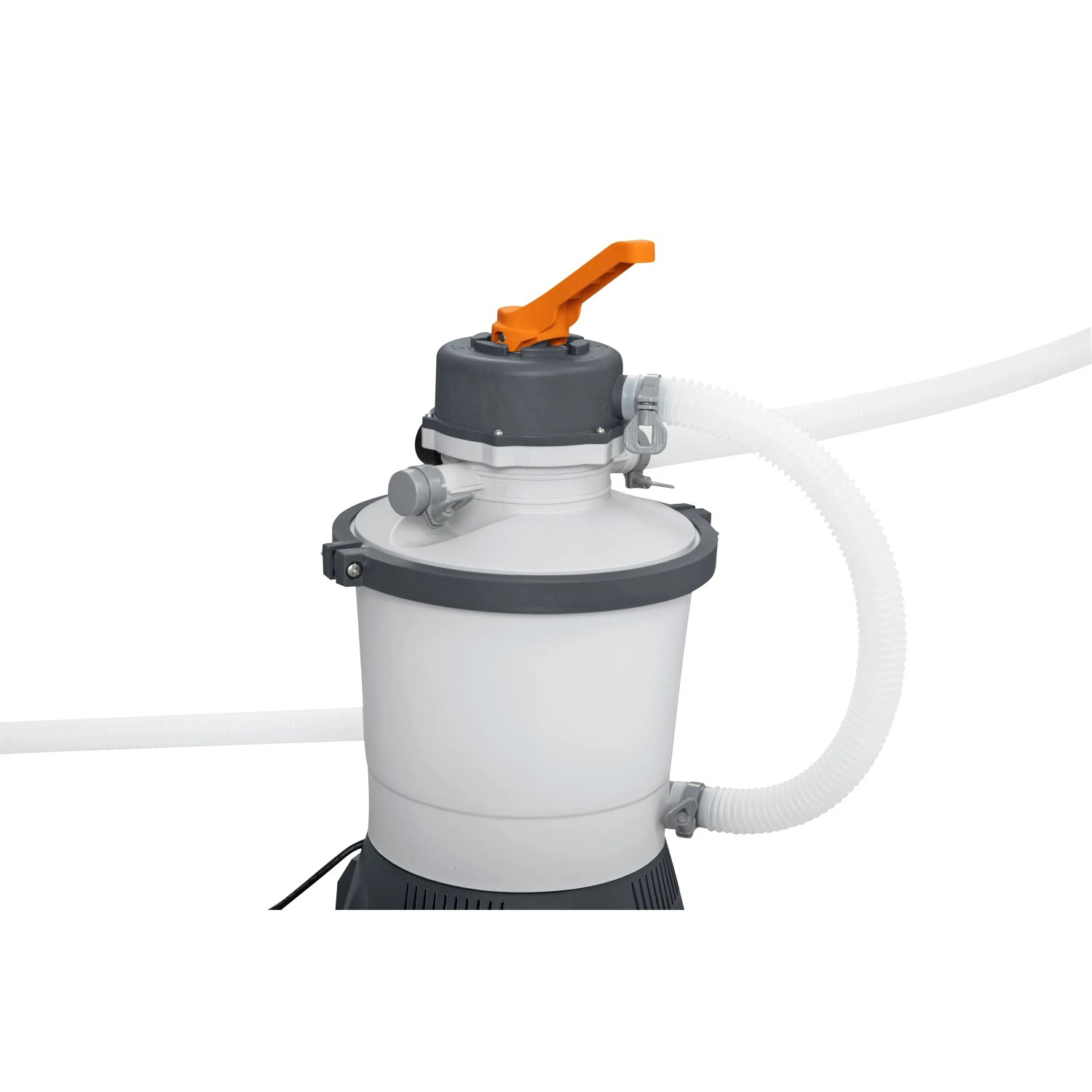 Bestway Flowclear Sandfilteranlage, 3.028 l/h, zur Poolreinigung mit Schlauch und orangefarbenem Hebel.