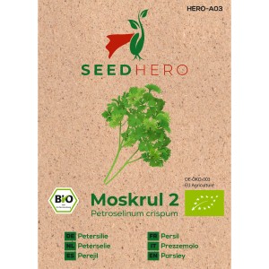 Seedhero BIO Petersilie Moss Curled 2 Samenpackung mit Abbildung der krausen Petersilie.