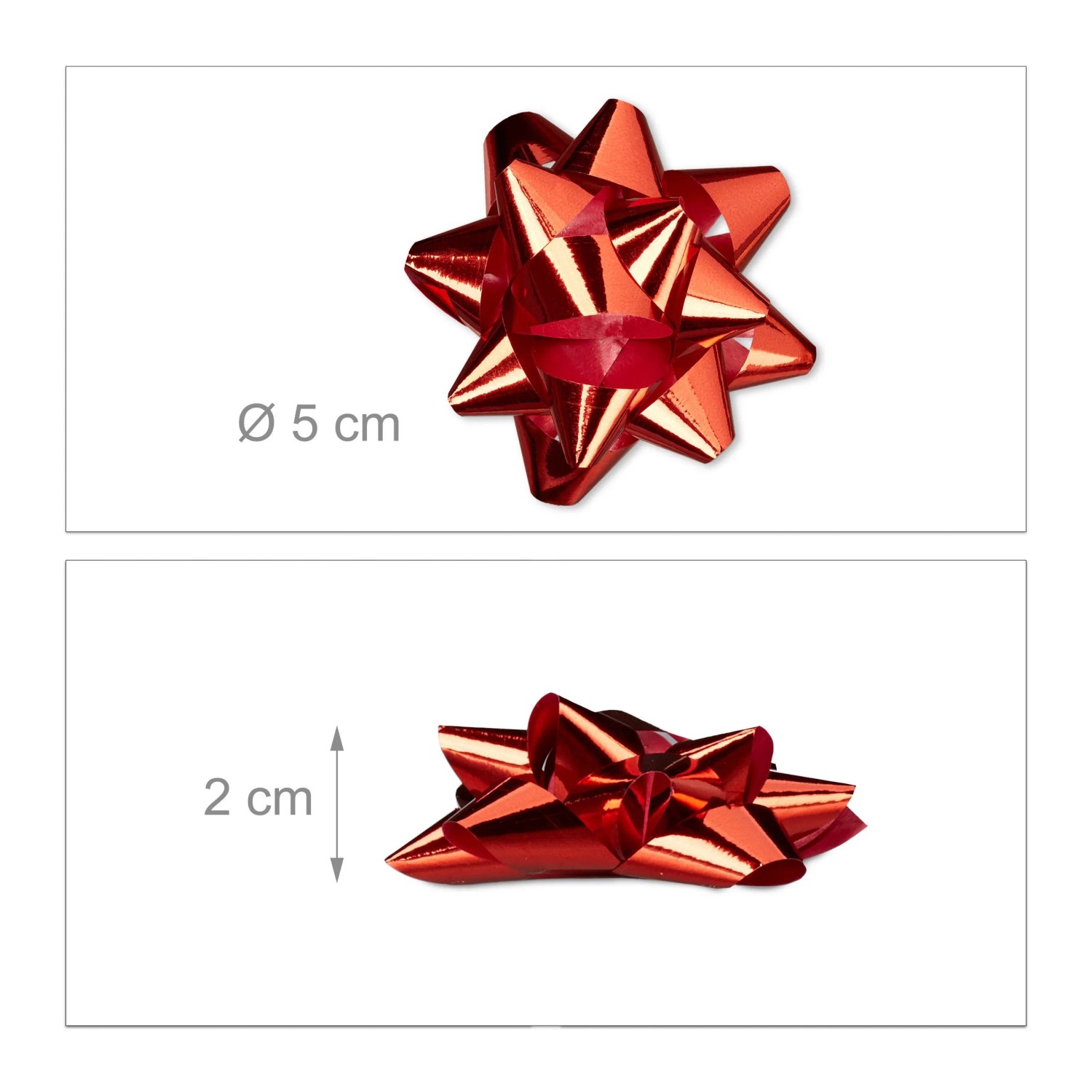 Rote, glänzende Dekoschleife aus Polypropylen, selbstklebend, 5 cm Durchmesser, für Geschenke & Weihnachtsdekoration.