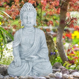 Relaxdays Buddha Figur Polyresin Hellgrau Wetterfest Frostsicher 40 cm x 24 cm x 15 cm 1,2 kg