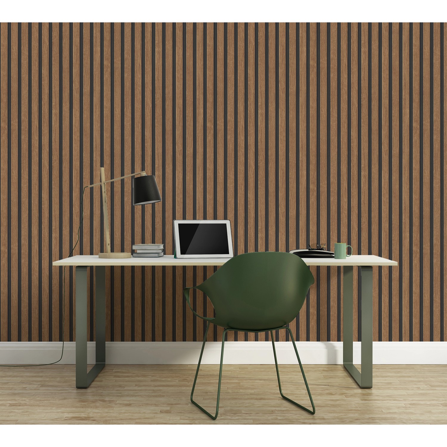 A.S. Création Vliestapete Holzpaneele in Braun-Schwarz an einer Bürowand.