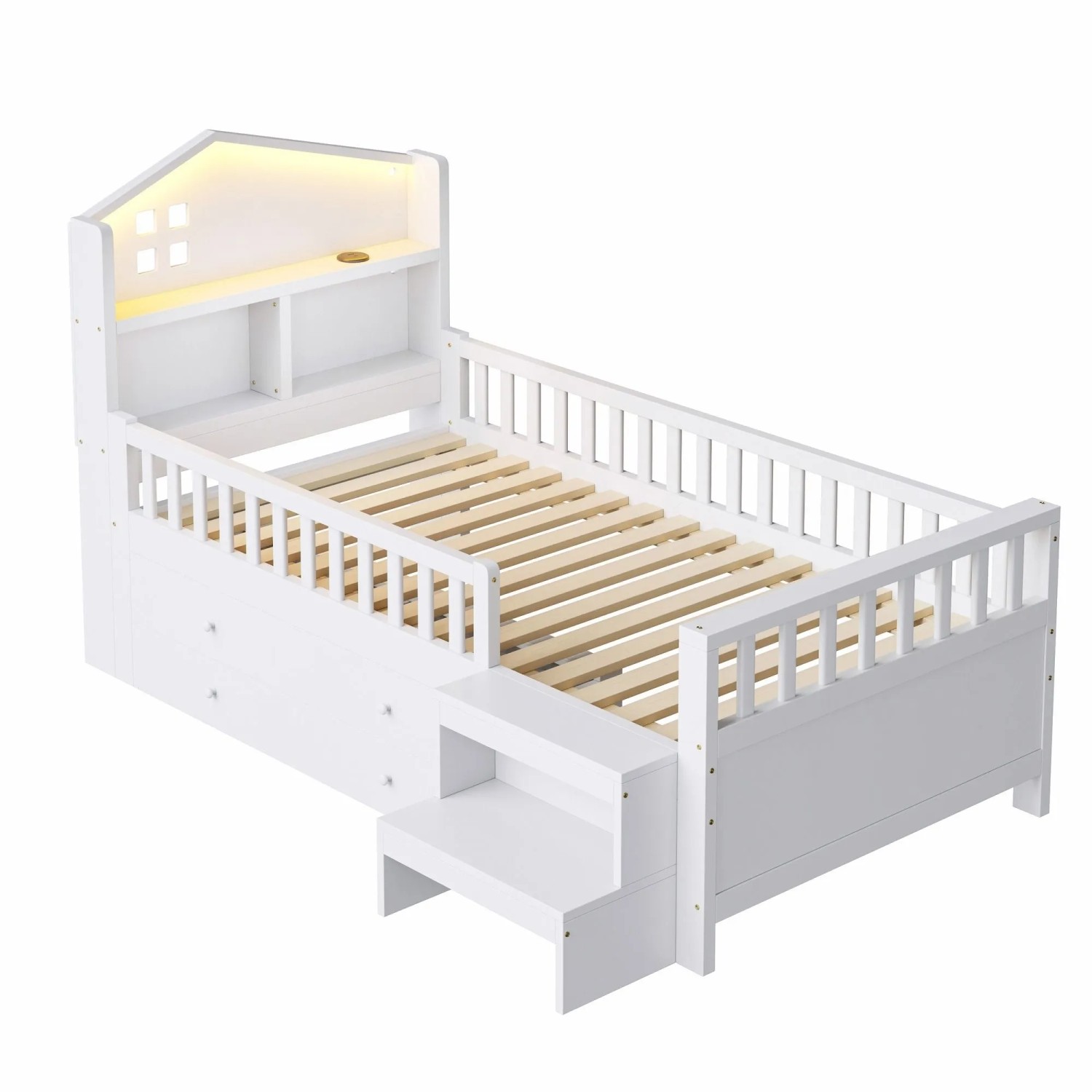 okwish Kinderbett 90x200cm mit LED und USB Type C Kinderzimmer Weiß ohne Matratze