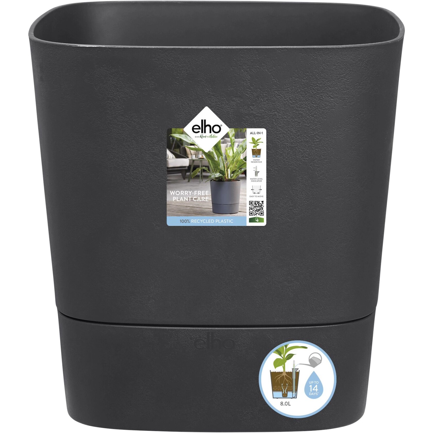 Elho Blumentopf Greensense Aqua Care Eckig 38,9 cm x 38 cm Holzkohlegrau