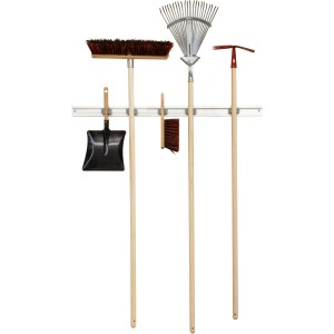 Wagner Gerätehalterleiste aus Stahl und Alu mit Besen, Rechen und Schaufel zur Wandmontage.