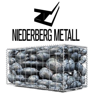 Robuste Niederberg Metall Gabione 100x50x50 cm, gefüllt mit grauen Steinen. Ideal für Zaunbau & Garten.