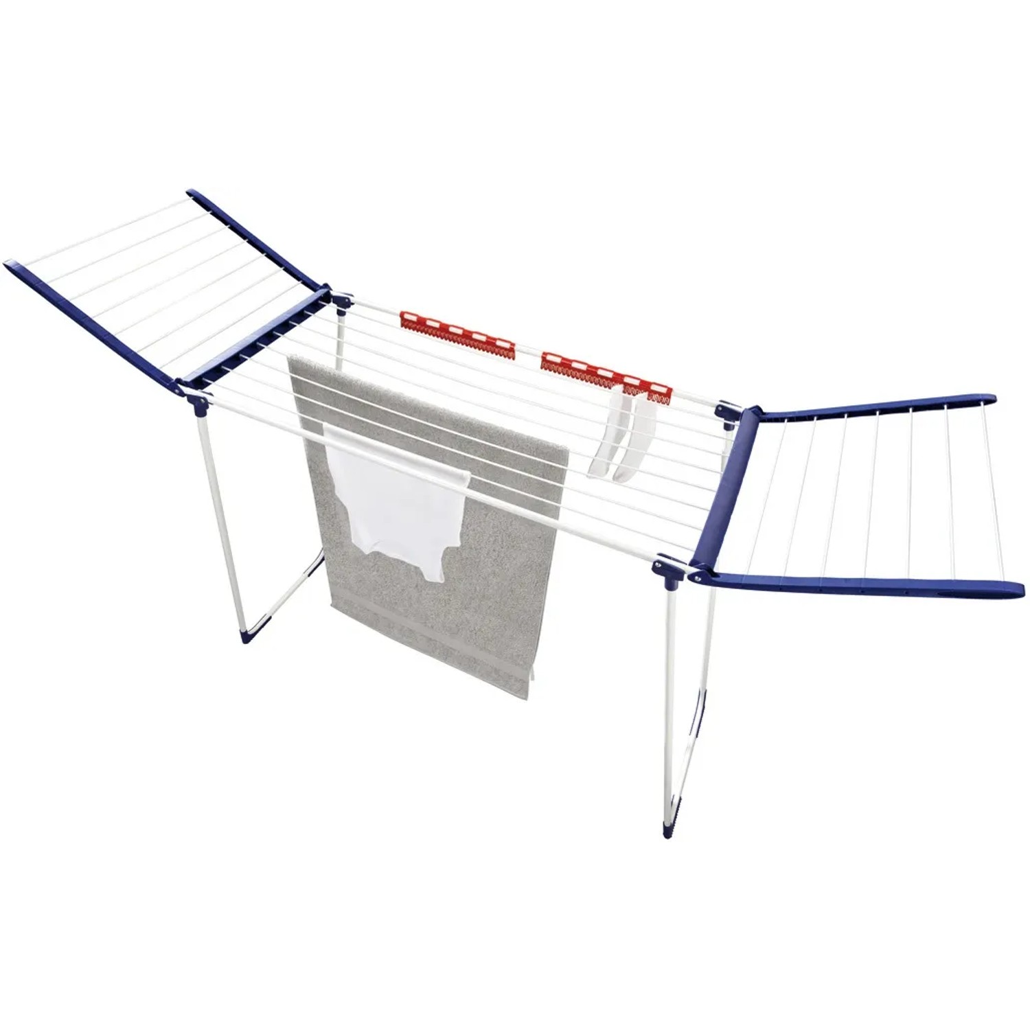 Leifheit Wäscheständer Pegasus Maxx Blau mit Wäsche und Kleinteilehaltern.