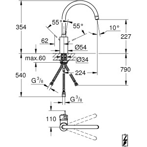 Technische Zeichnung: Grohe Eurosmart C Küchenarmatur Niederdruck mit Maßen.