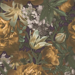 Dunkle Vintage-Blumentapete mit gelben, grünen und lila Blumen. Florale Vliestapete im 3D-Stil.