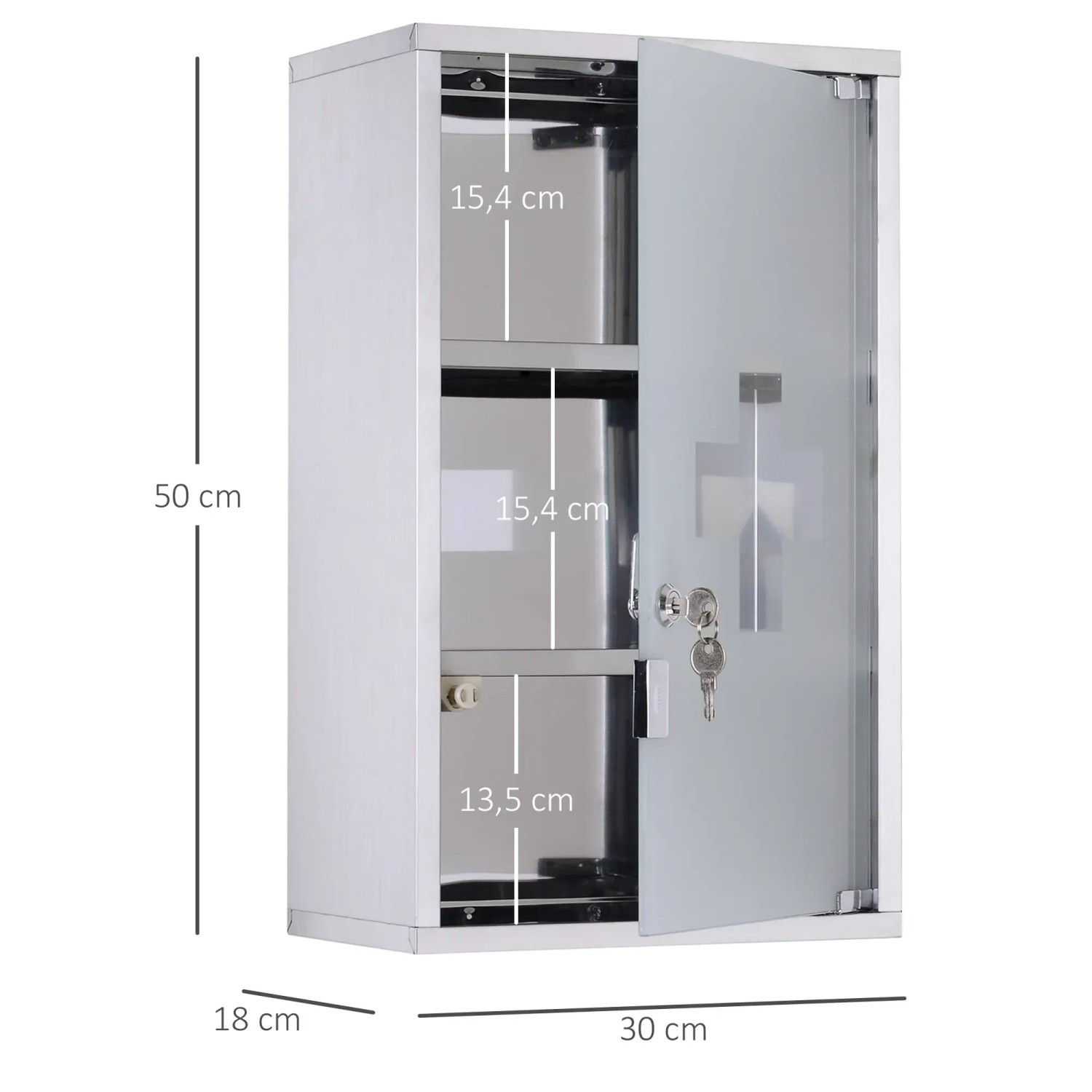 HOMCOM Medizinschrank aus Edelstahl mit Glastür, Schloss und drei Fächern.
