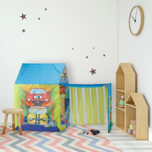 Buntes Relaxdays Spielzelt im Werkstatt-Design mit Garage für Kinderzimmer oder Garten.