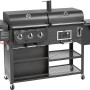 Jamestown Kombigrill Drake: Holzkohle-, Gasgrill und Smoker in einem Gerät mit Ablageflächen und Rädern.